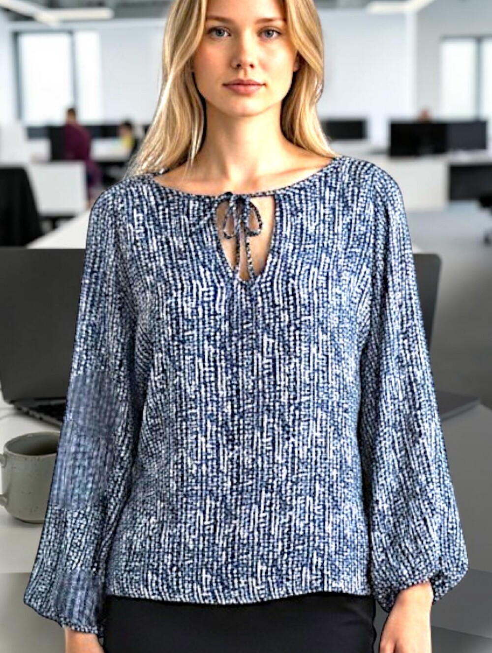 😎✳️4/$20  Semi-Sheer Blue and White Career Wear Tie Neck Top by Aqua